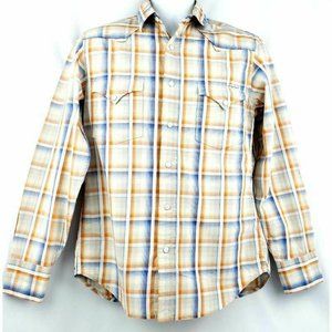 Mens Western Cowboy Shirt Orange Plaid Long Sleeve
